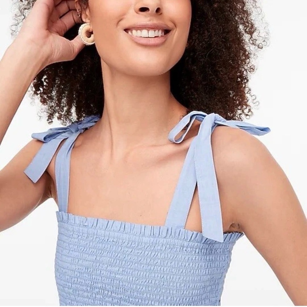 J. Crew Medium Blue Smocked Tie-Shoulder Tank Top Chambray Fabric Stretchy - Picture 3 of 10